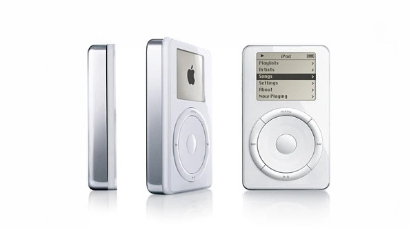 First-generation Apple iPod shown from the side, back and front, with its screen and circular control wheel.