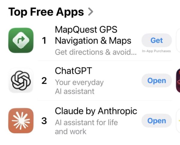 Apple App Store rankings showing MapQuest as the number one free app, ahead of ChatGPT and Claude.