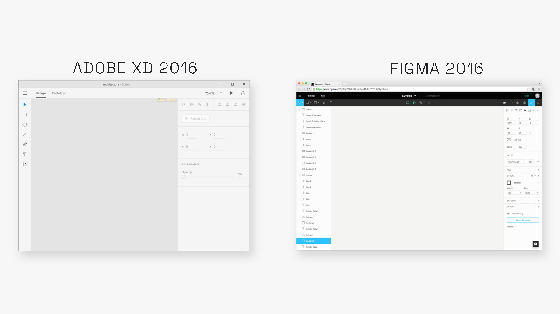 Adobe XD and Figma interfaces from 2016 shown side by side, with XD as a desktop application and Figma running in a web browser.